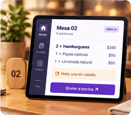 Ilustración de un pedido de la mesa 02 con productos, notas y envío a cocina