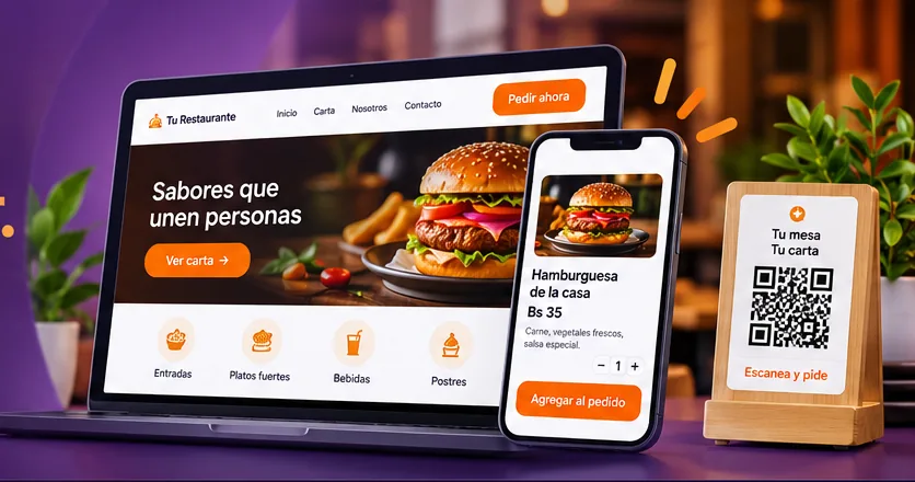 Ilustración conceptual de una carta digital y pedidos desde un restaurante